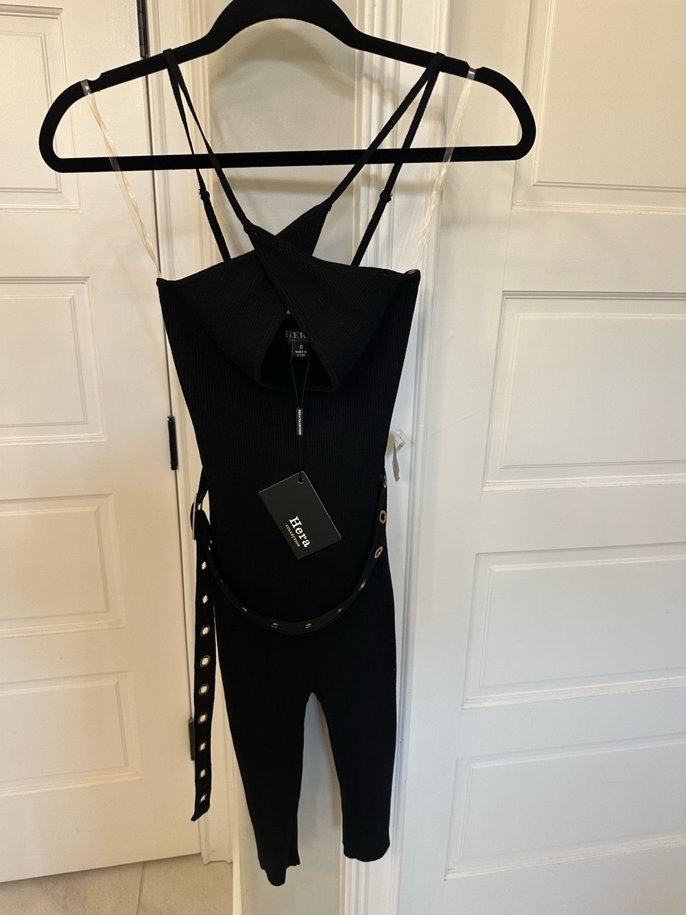Herra Collection Black Ribbed Belted Romper Jumper Grommets Womens S Sexy NEW